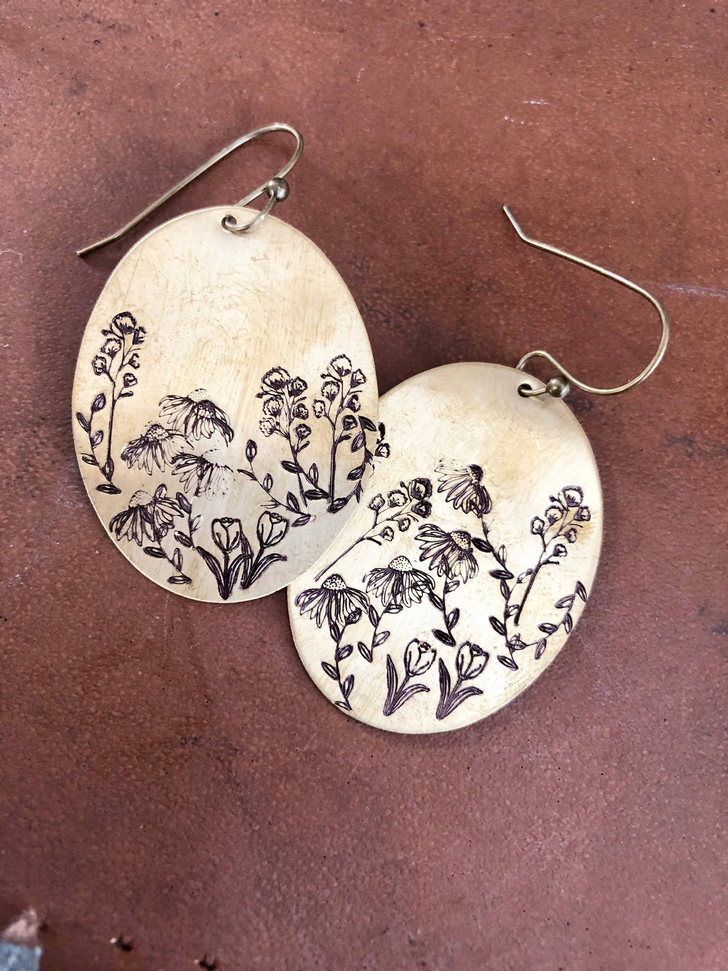 Oval Wildflower Meadow Stamped Brass Earrings