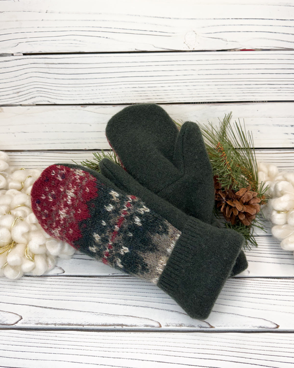 Olive Green & Red Wool Sweater Mittens