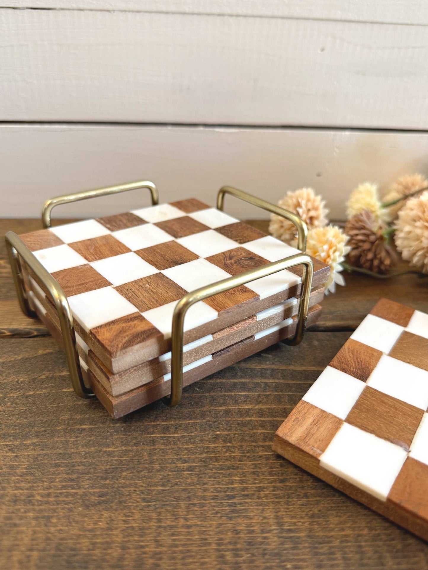 Checkered Wood Coasters with Stand