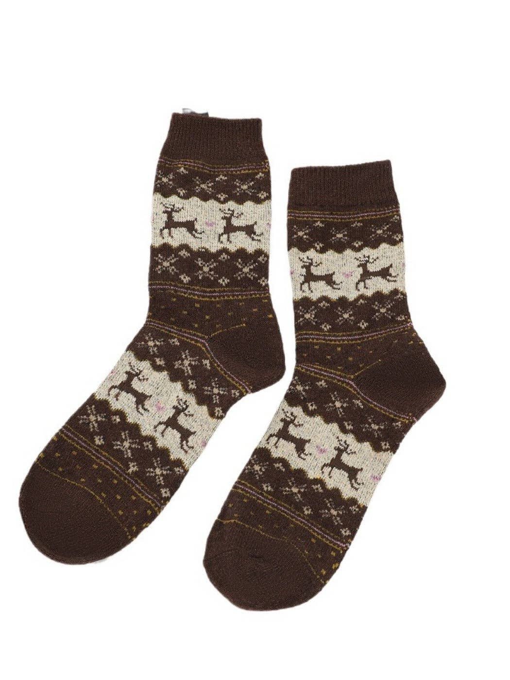 Christmas Reindeer Snowflake Mid-Calf Socks – Brown