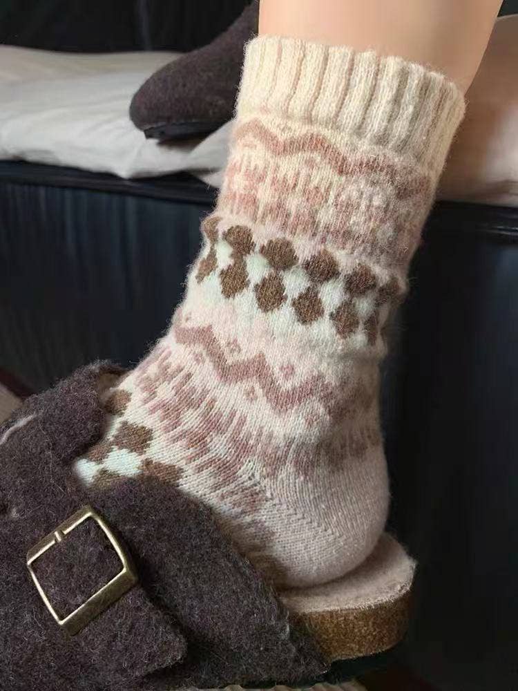 Khaki Nordic Patchwork Knit Crew Socks