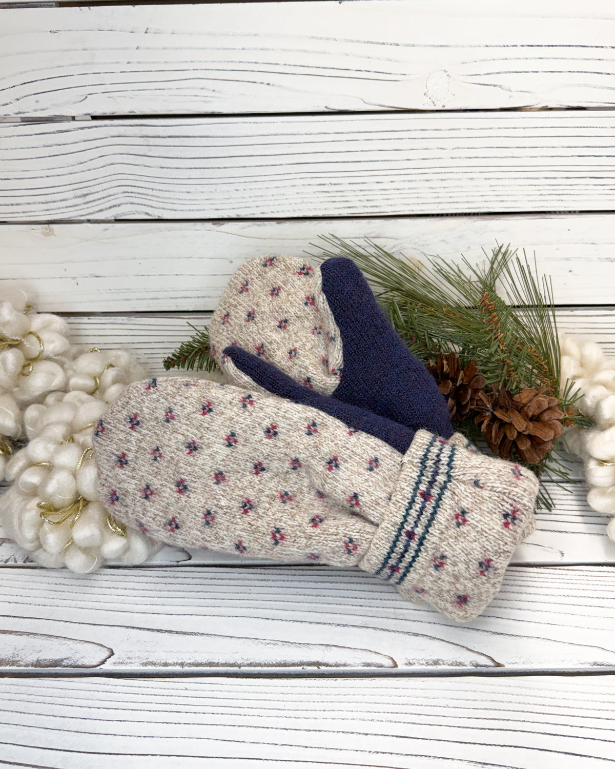 Oatmeal Pink & Purple Wool Sweater Mittens