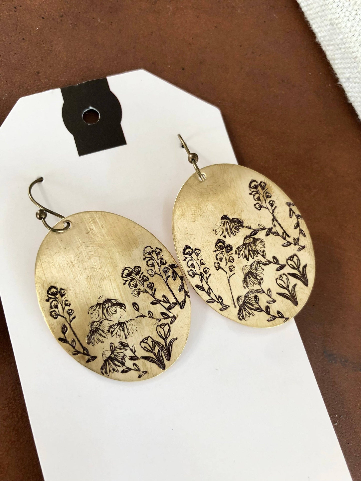 Oval Wildflower Meadow Stamped Brass Earrings