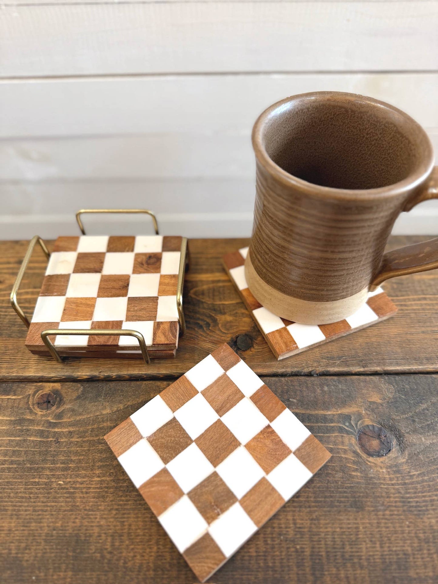 Checkered Wood Coasters with Stand