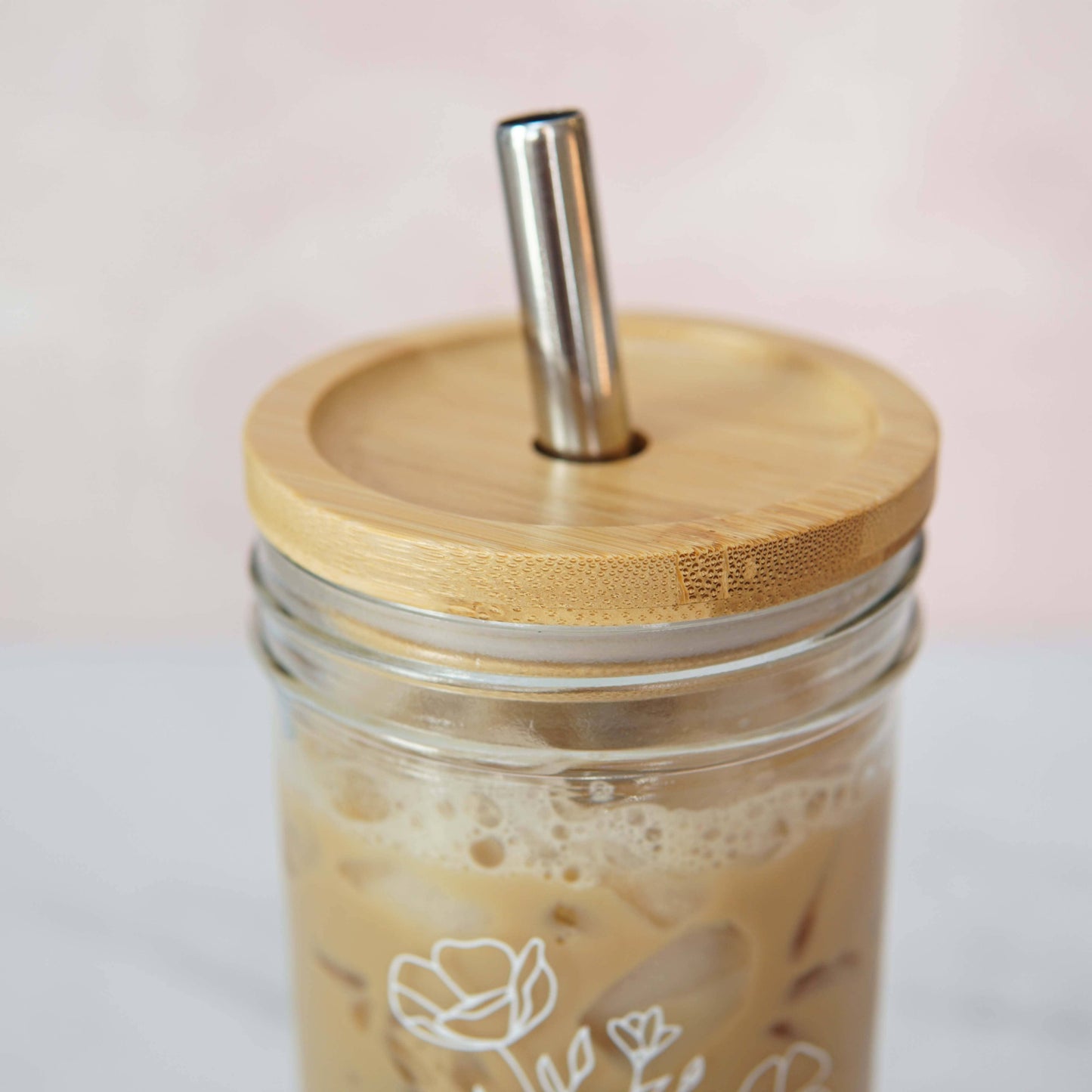 Floral 22 oz Glass Tumbler + Bamboo Top + Straw