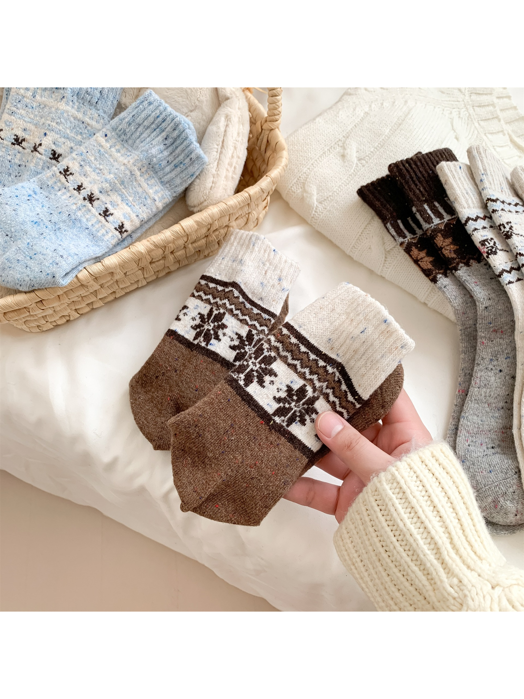 Brown Geometric Snowflake Winter Crew Socks