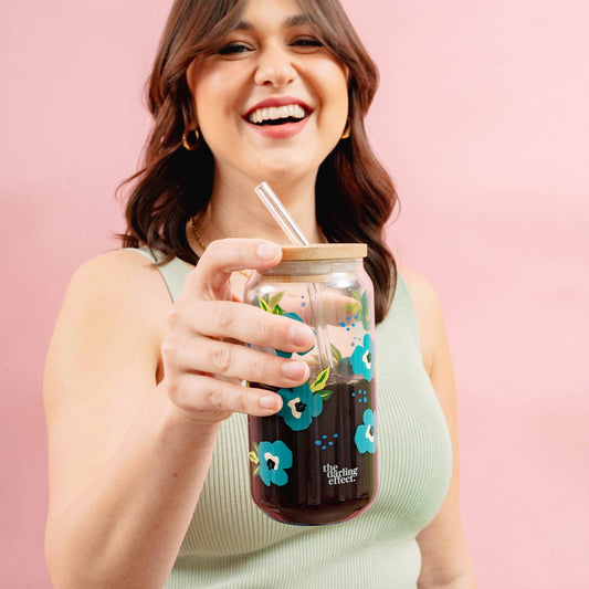 Iced Coffee Cup - Retro Floral Teal Glass Drinkware