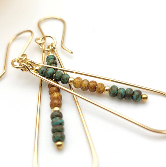 Long 14k Gold Filled Hoop Earrings with Green & Tan Beads