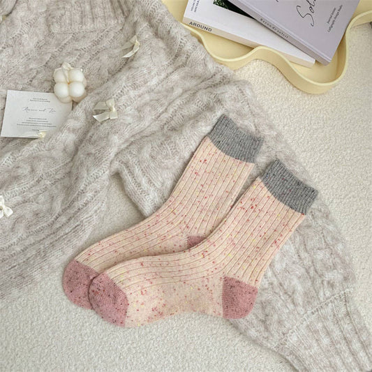 Pink Color Block Polka Dot Thermal Mid-Calf Socks