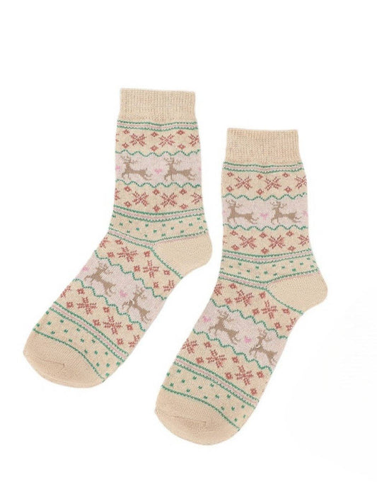 Christmas Reindeer Snowflake Mid-Calf Socks – Beige