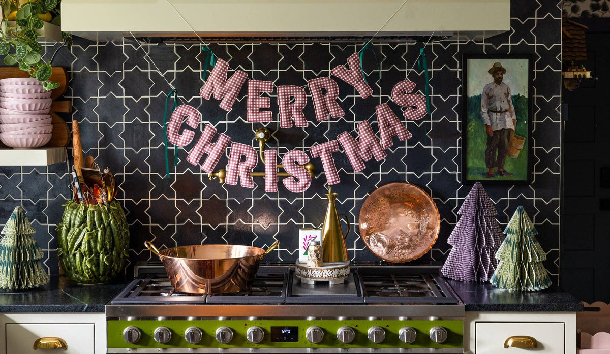 Gingham Merry Fabric Sewn Christmas Banner