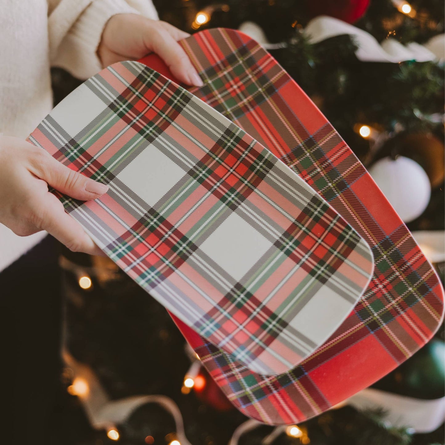 *NEW* Red and White Plaid Stacking Melamine Tray - Set of 2