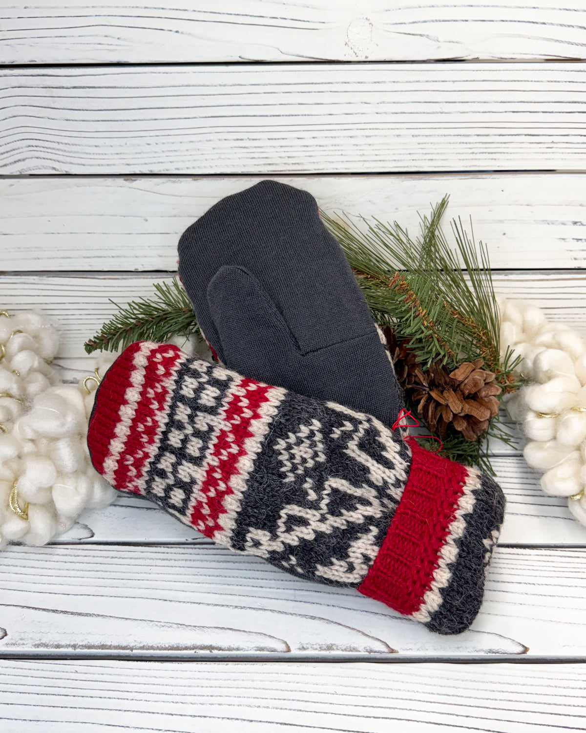 Red, White & Grey Wool Sweater Mittens