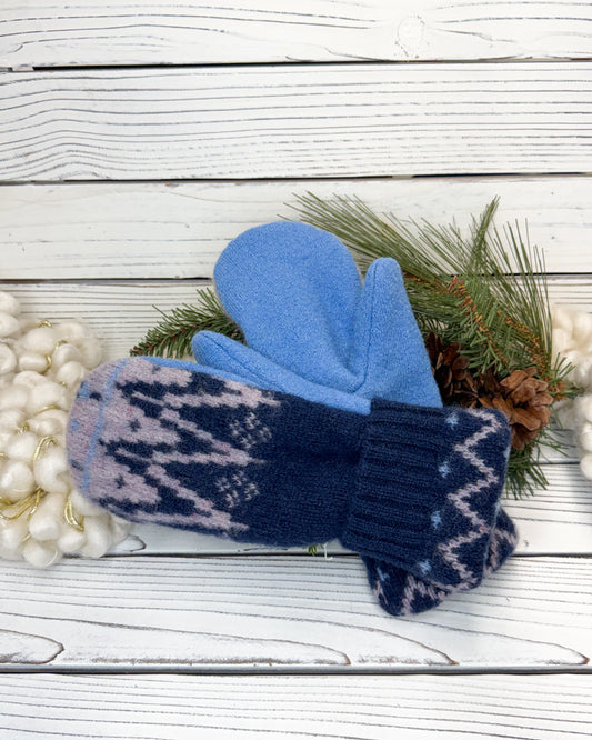 Blocky Blue Wool Sweater Mittens
