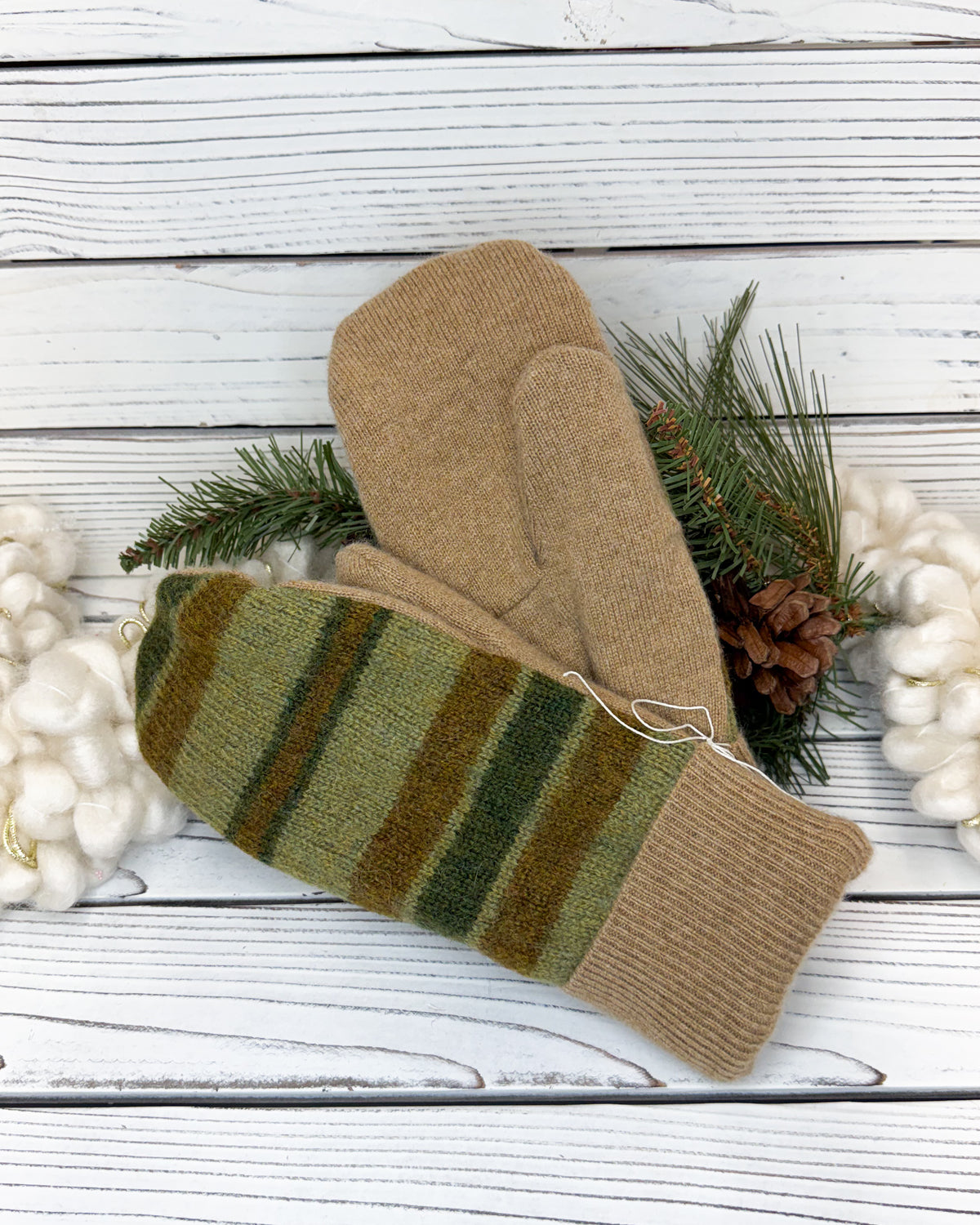 Green Stripes Wool Sweater Mittens