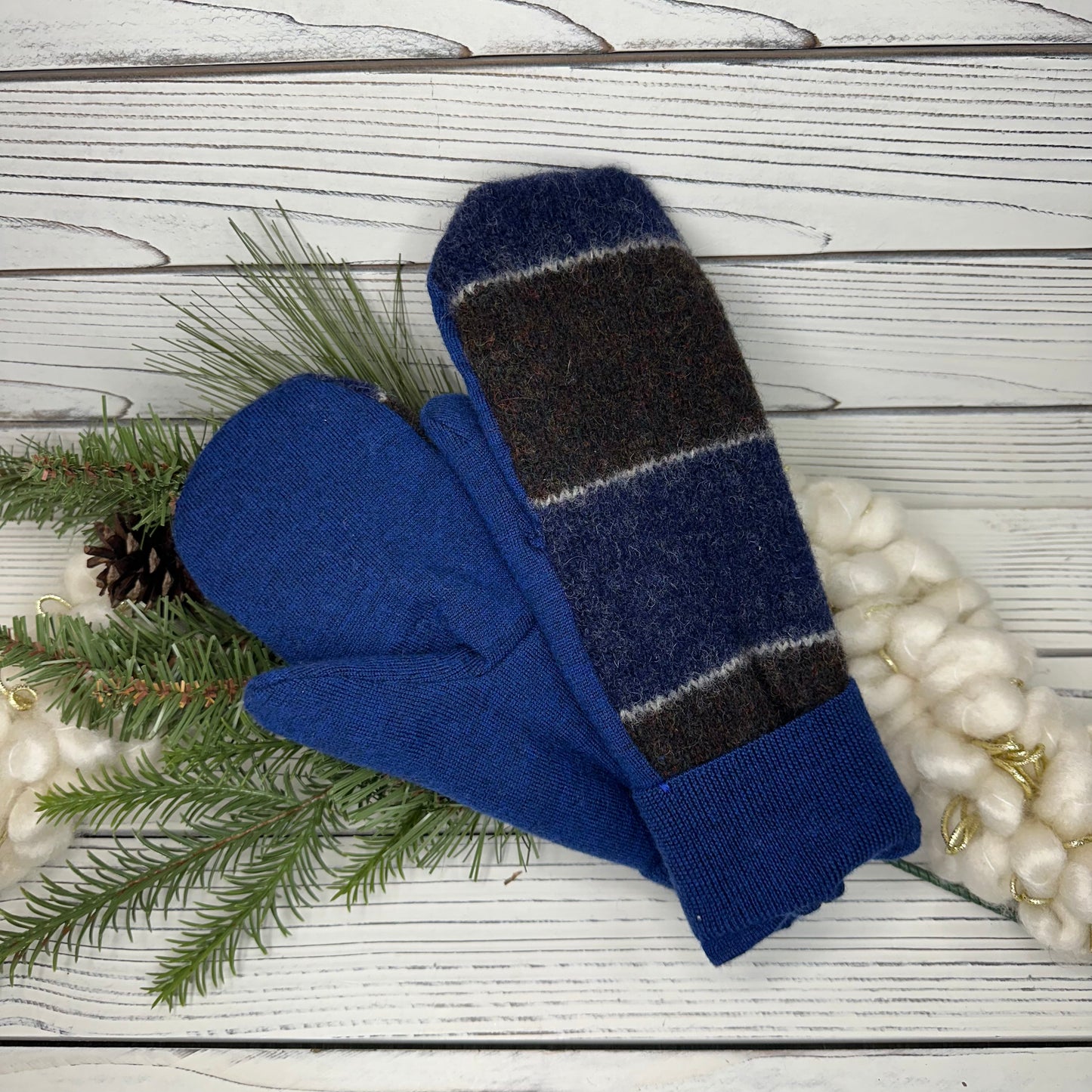 Blue & Black Striped Wool Sweater Mittens
