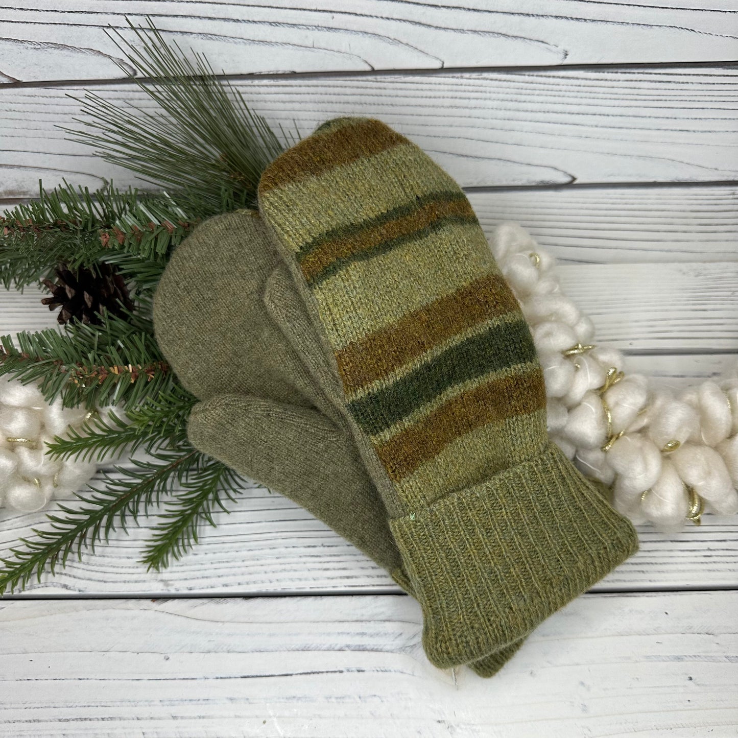 Green Stripes Wool Sweater Mittens