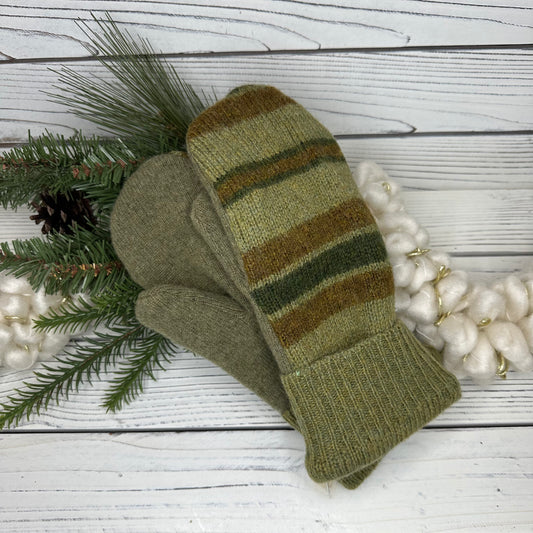 Green Stripes Wool Sweater Mittens