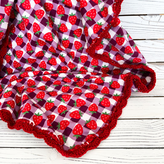 Strawberry on Purple Plaid Flannel Receiving Blanket