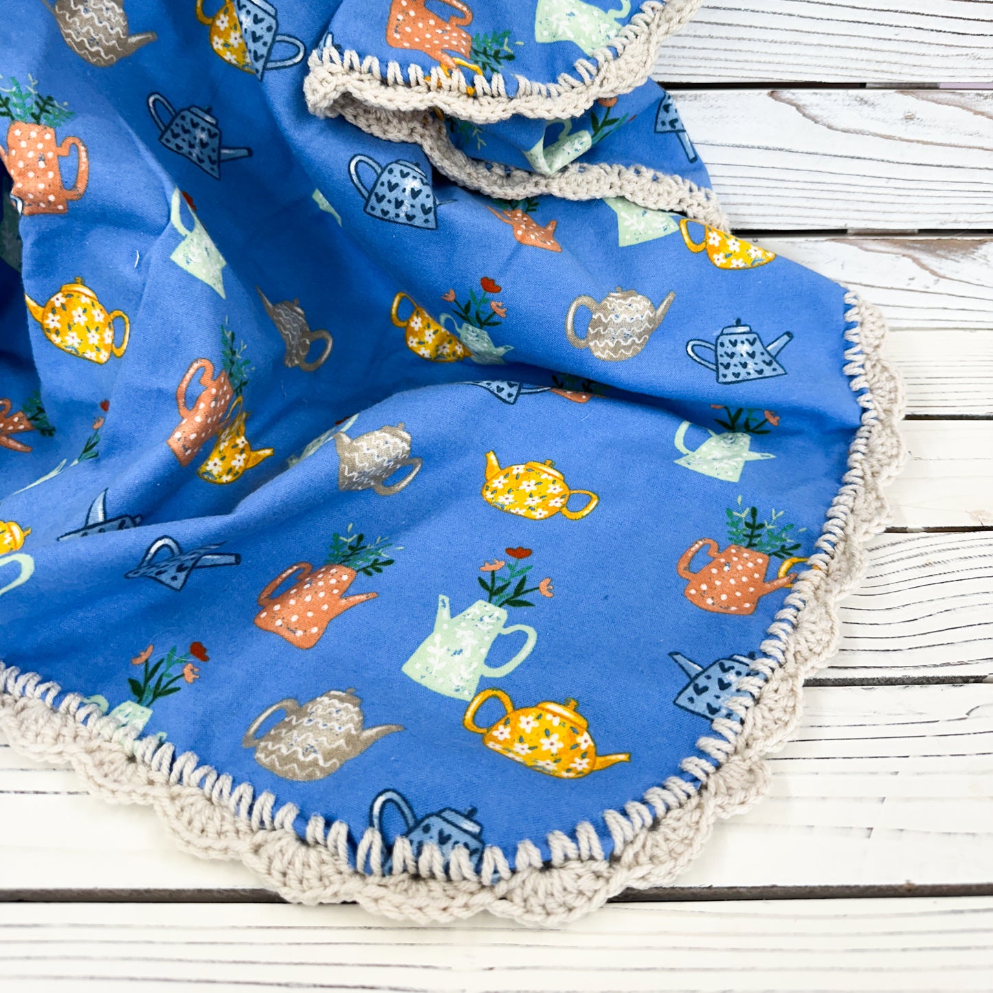 Tea Pots on Blue Flannel Receiving Blanket