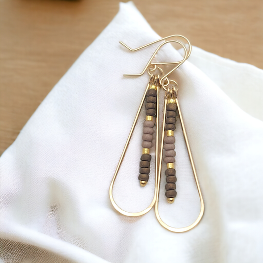 Long Gold Teardrop Hoop Earrings with Brown Beads