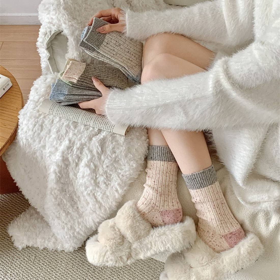 Pink Color Block Polka Dot Thermal Mid-Calf Socks