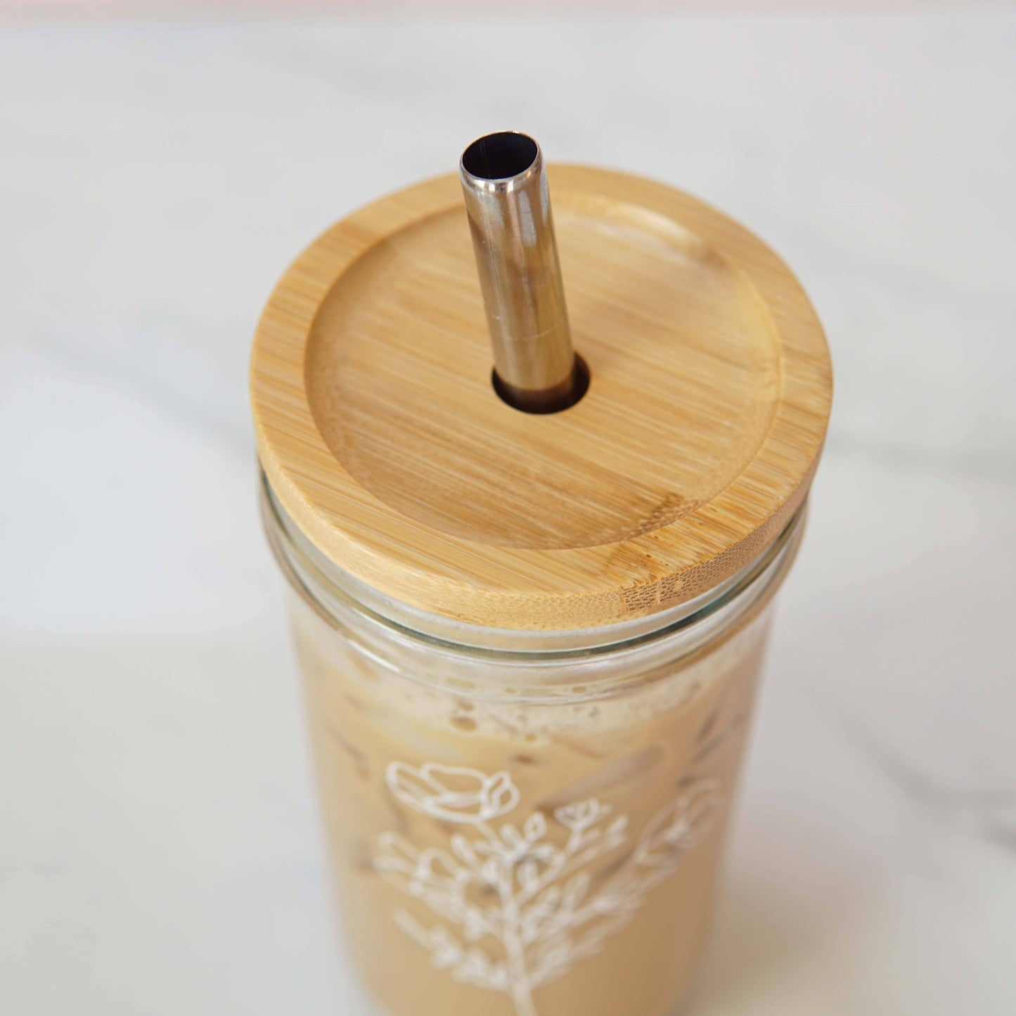 Floral 22 oz Glass Tumbler + Bamboo Top + Straw