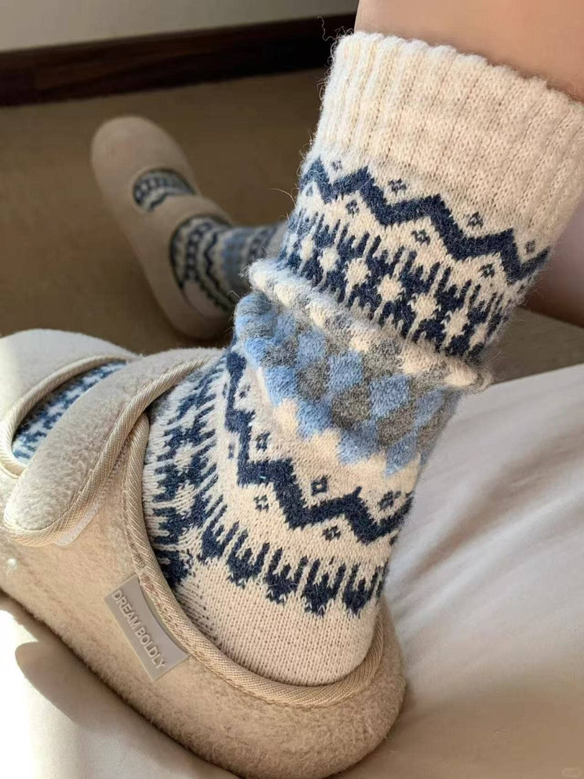 Blue Nordic Patchwork Knit Crew Socks