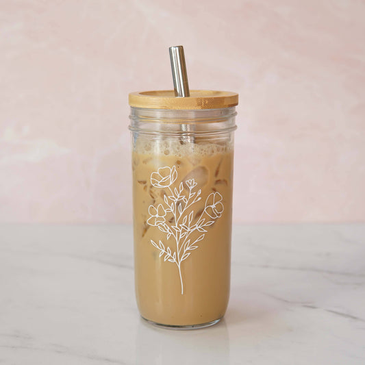 Floral 22 oz Glass Tumbler + Bamboo Top + Straw