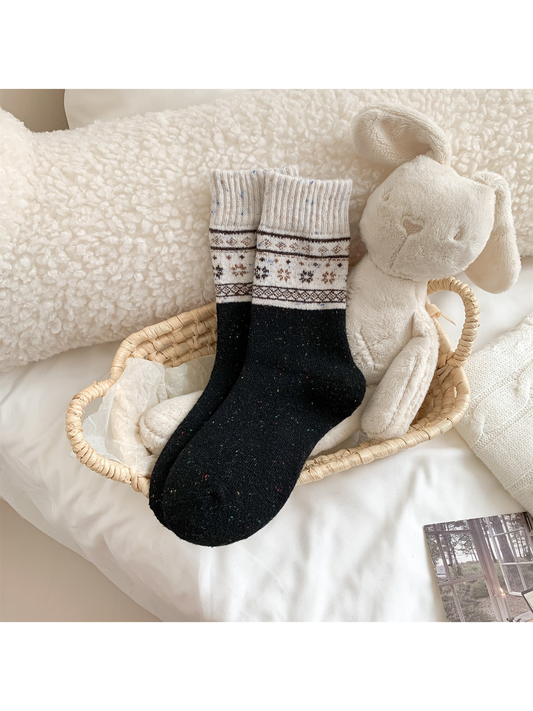 Black Geometric Snowflake Winter Crew Socks
