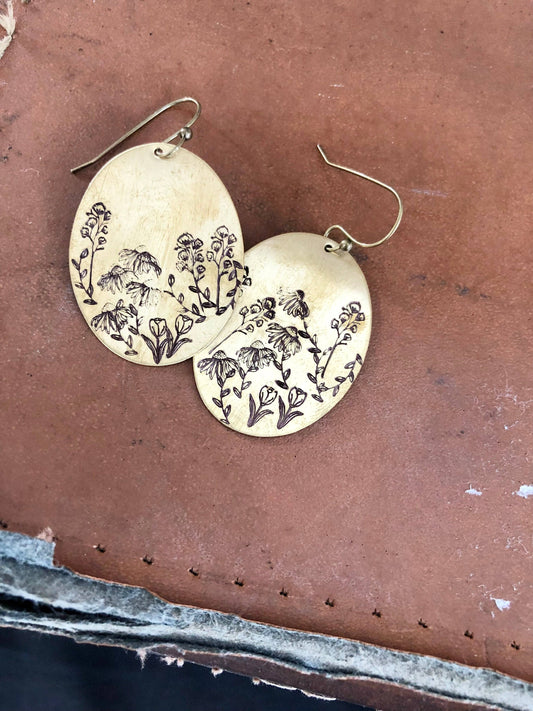 Oval Wildflower Meadow Stamped Brass Earrings