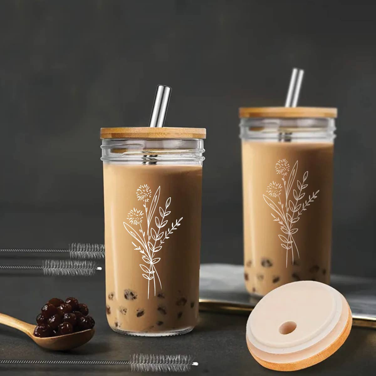 Floral Bouquet Glass Tumbler + Bamboo Lid