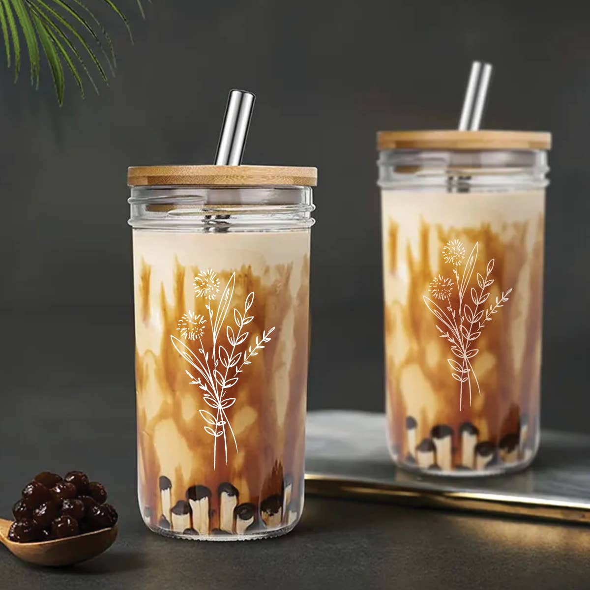 Floral Bouquet Glass Tumbler + Bamboo Lid